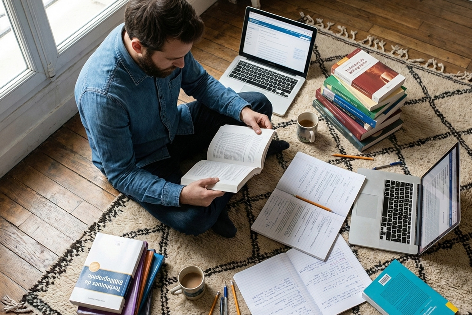 Un jeune homme assis parterre en train de lire