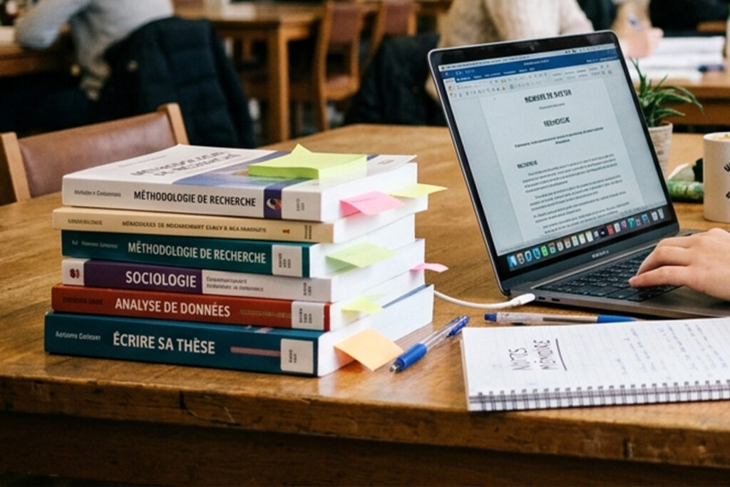 Un ordinateur portable et une pile de livres sur une table à la bibliothèque