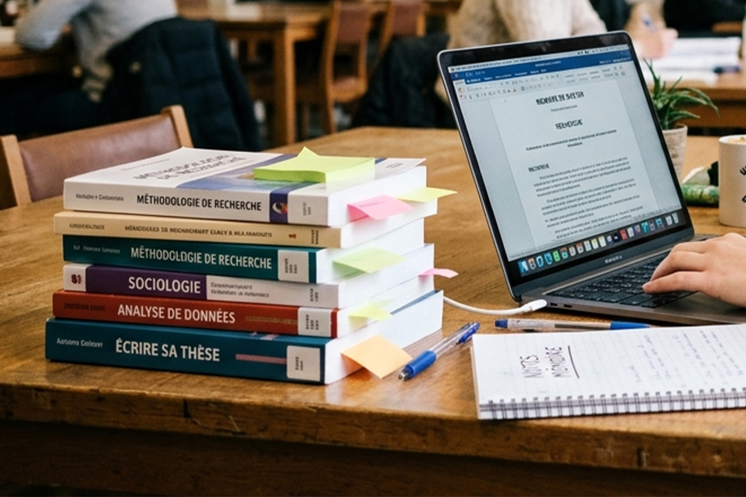 Un ordinateur portable et une pile de livres sur une table à la bibliothèque